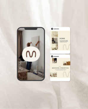 White textured background with a flat lay phone showcasing an image and overlay logo for modern studio. on the right side of the phone is two example of Instagram tiles that tie in with the brand. This is apart of Olive Rose Designs Brand Identity Packages.